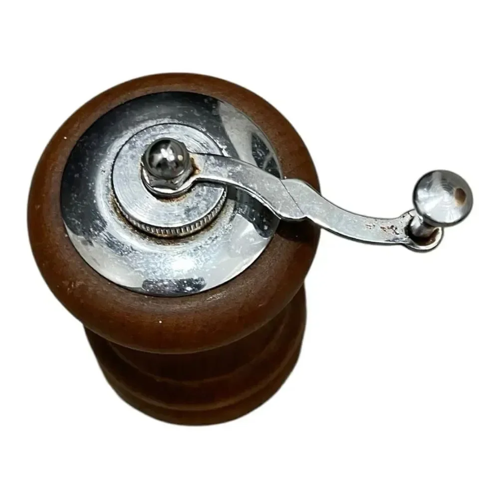 Vintage Small Wooden Pepper Mill with Silver Accents MCM